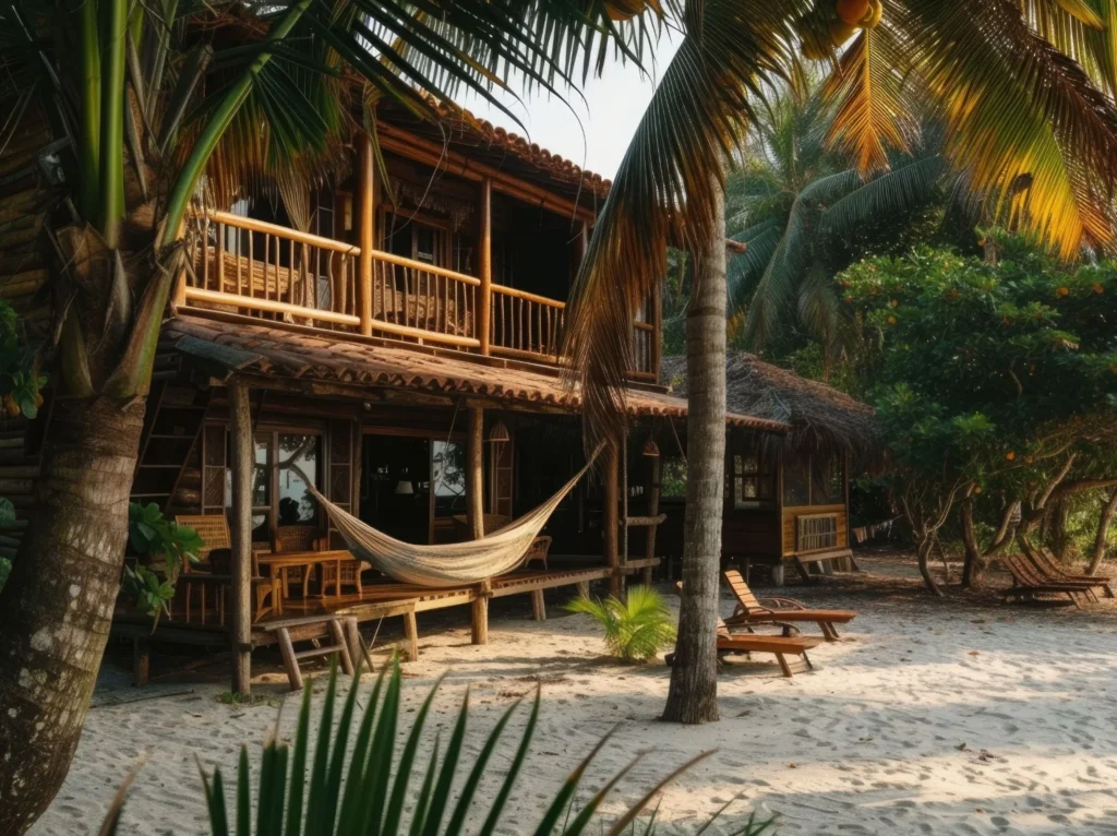 Mesa de desayuno con productos locales y fruta fresca.